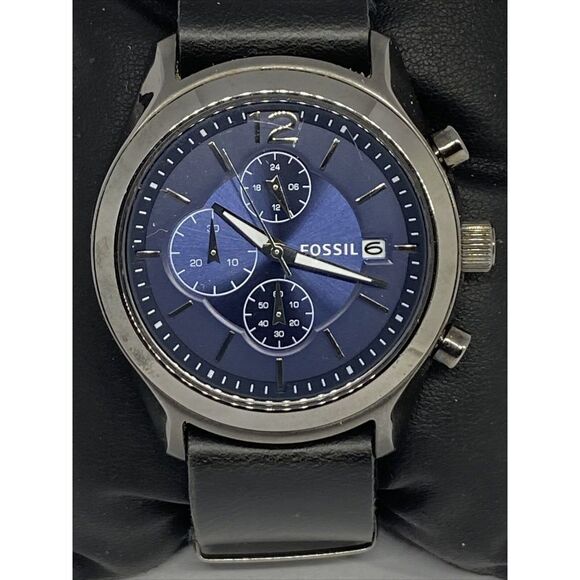 Fossil BQ1482 Men's Black Leather Analog Blue Dial Quartz Genuine Watch KS546 - Picture 2 of 12
